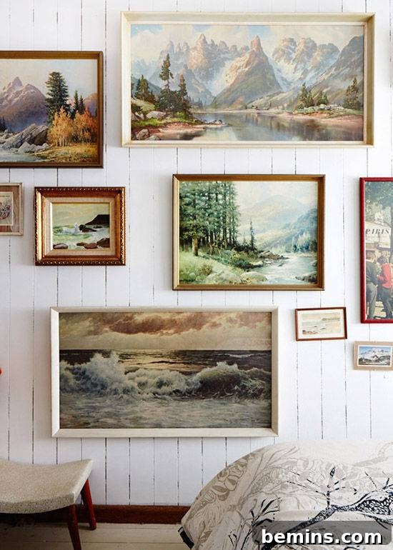 Another inspirational gallery wall design with a focus on landscapes and portraits.