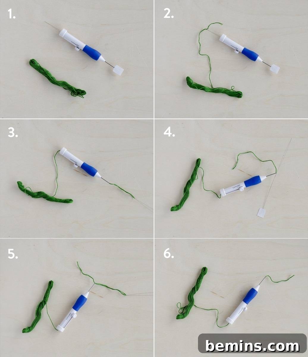 Step-by-step guide on how to thread a punch needle.
