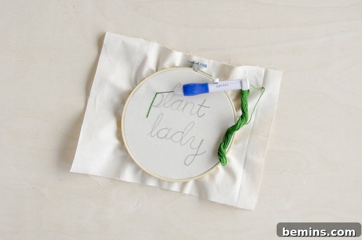 Starting to embroider with the punch needle.