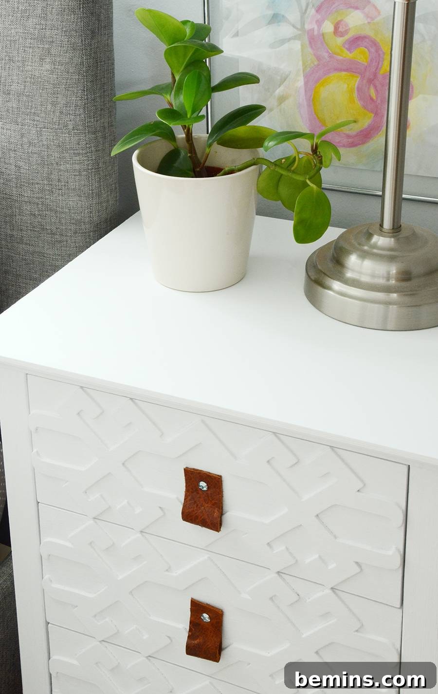 Close up of the leather pull on the nightstand