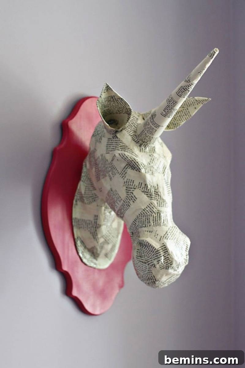 75 DIY Decor Projects to Delight Your Kids 7 Paper Mache Unicorn Head