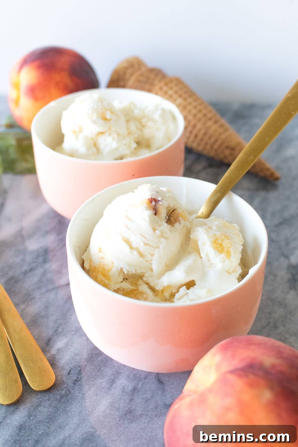Machine-Free Peach Ice Cream Delight 3 Close-up of Peaches and Cream Ice Cream Texture
