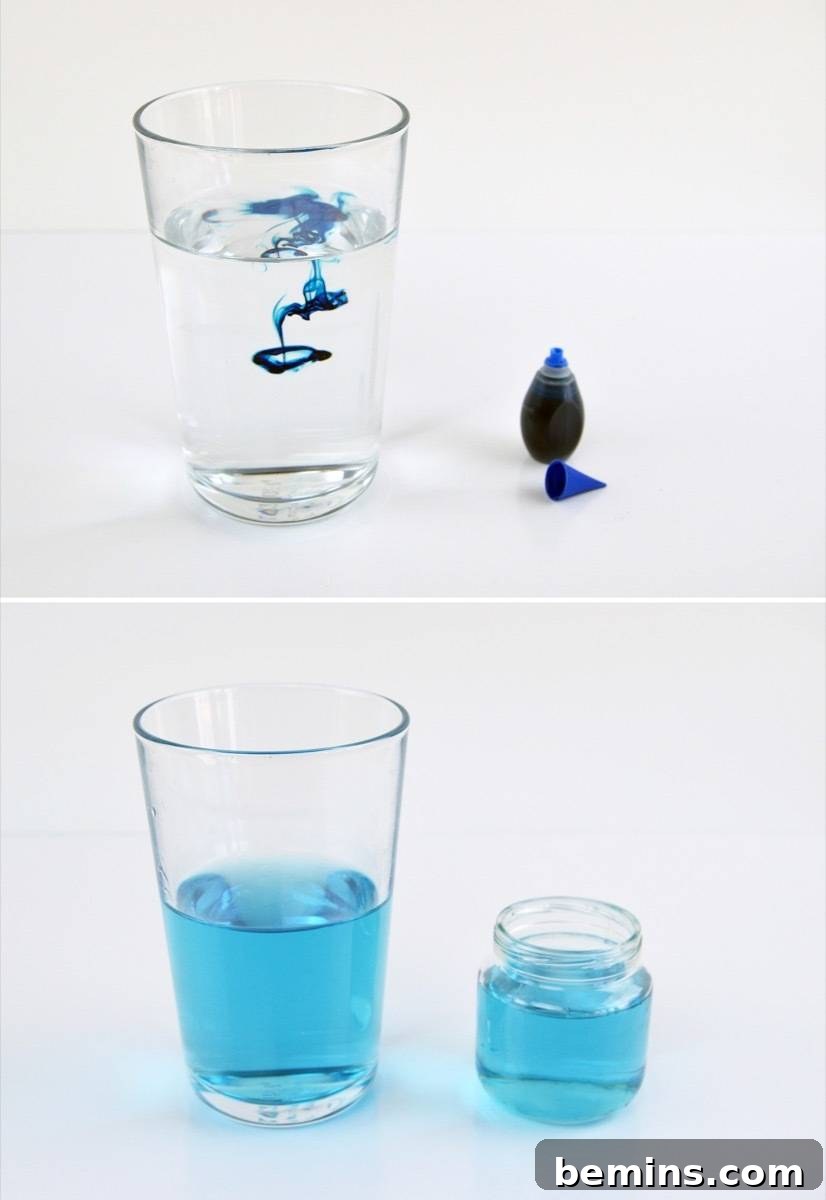 Tinting water with blue food coloring and adding it to the jar