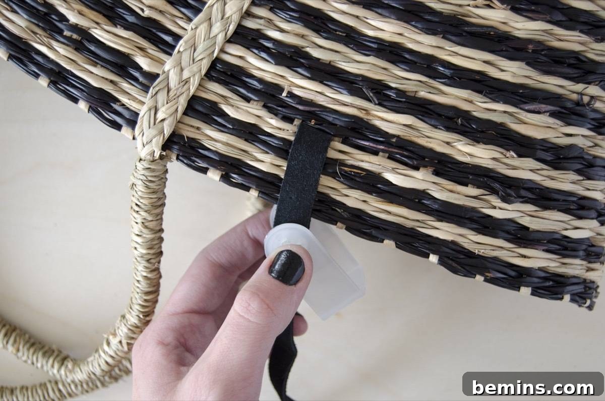 DIY Picnic Backpack - Step 4d: Weaving straps back into the tote