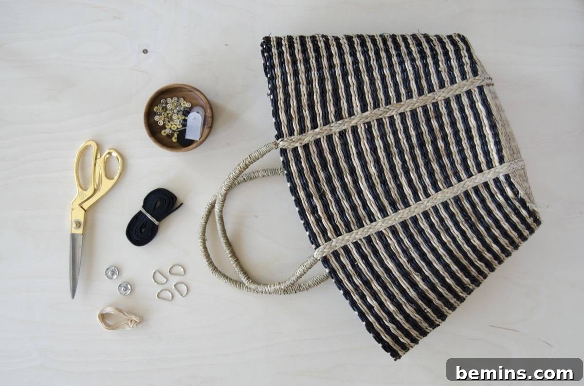 Materials needed for the DIY straw tote backpack project