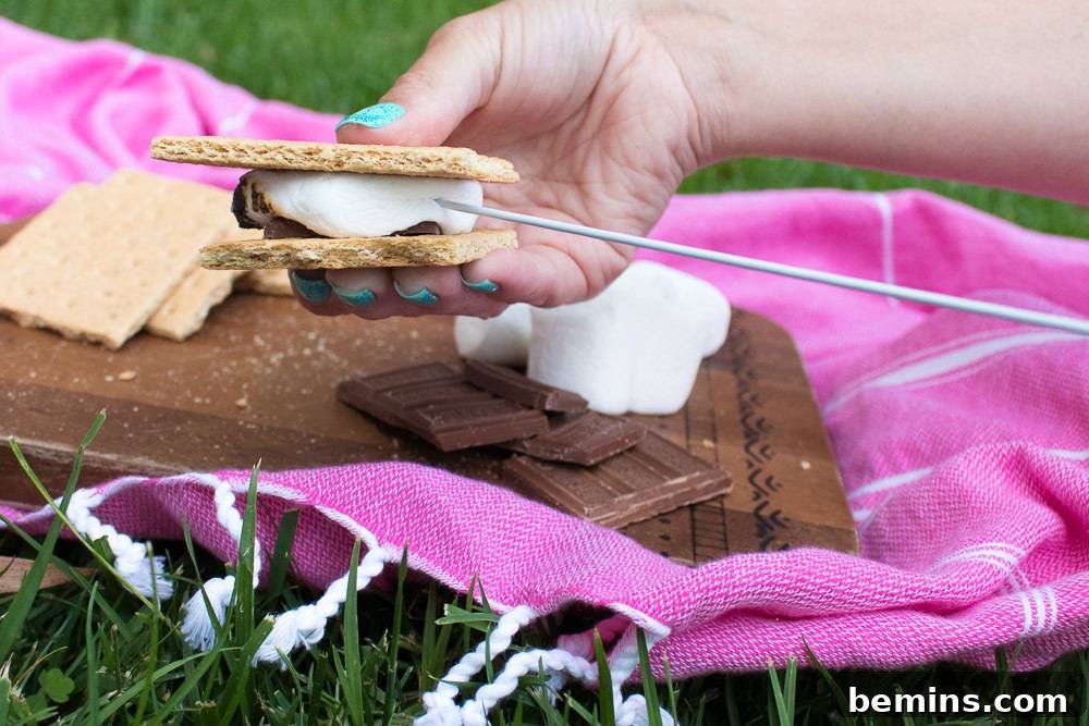 Campfire Not Required: Your Portable S'mores Fire Pot Solution 5 Close-up of a perfectly assembled s'more, with a golden-brown marshmallow, melted chocolate, and graham crackers, next to the portable fire pot.
