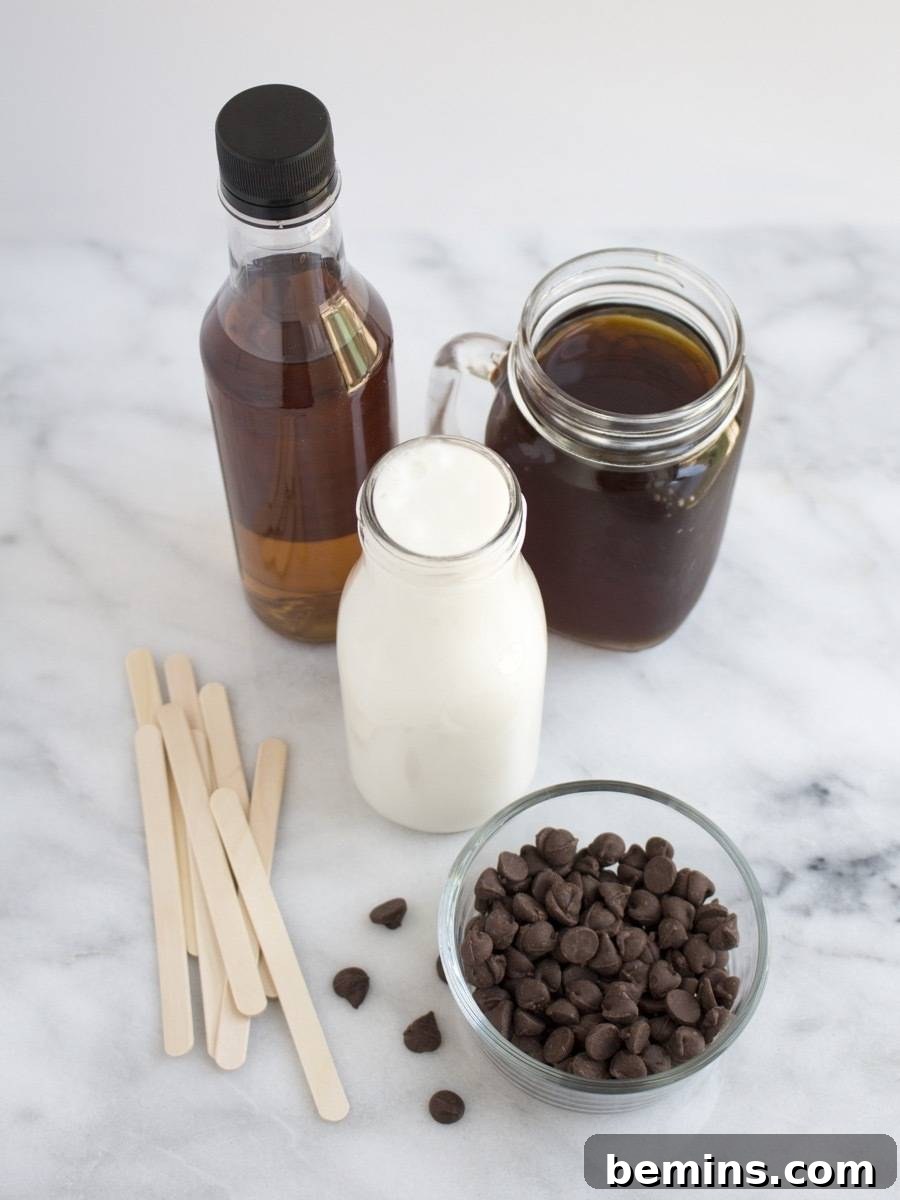 Key ingredients for homemade caramel mocha coffee popsicles