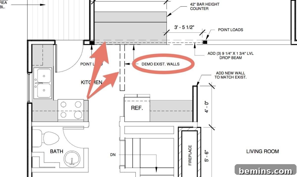 Original house plan showing the living room, kitchen, and bathroom