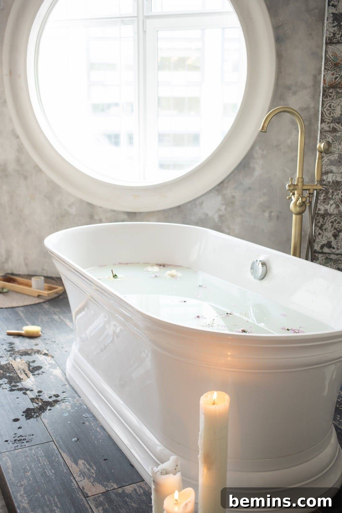 Modern bathtub filled with water, showcasing bathroom window privacy ideas