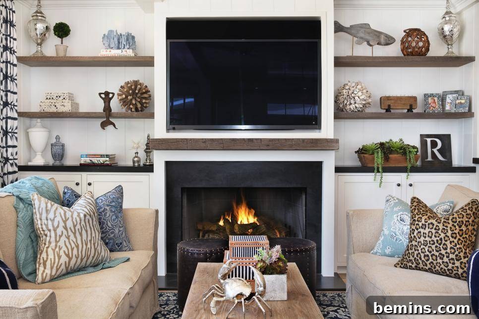 Living room staged with neutral sofas, a coffee table, and decorative items.