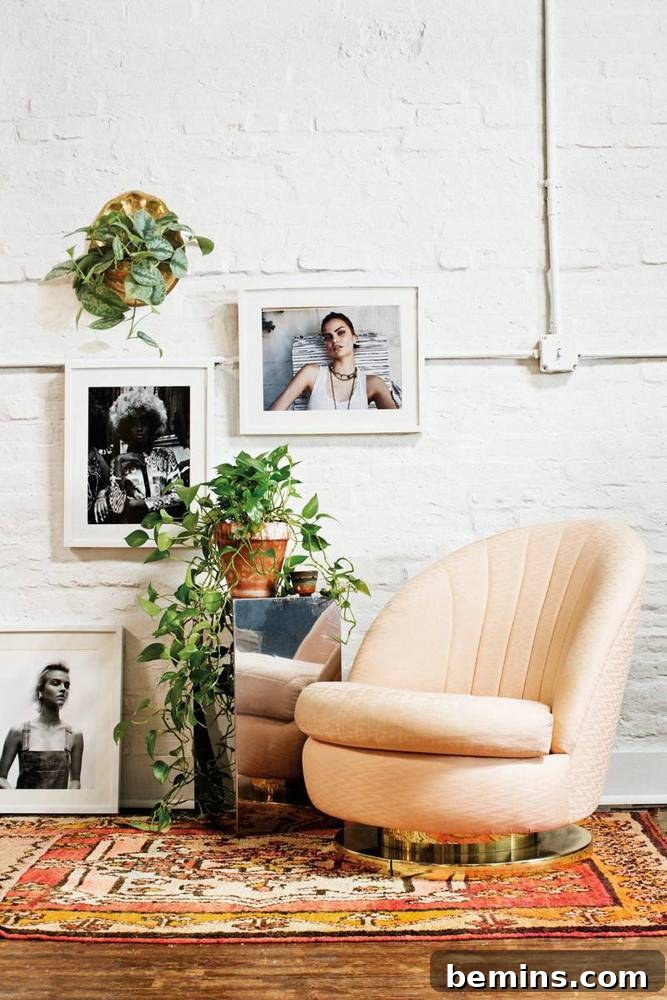 Bright room with a yellow chair and decorative pictures.