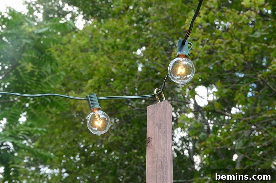 The bistro lights illuminating the patio