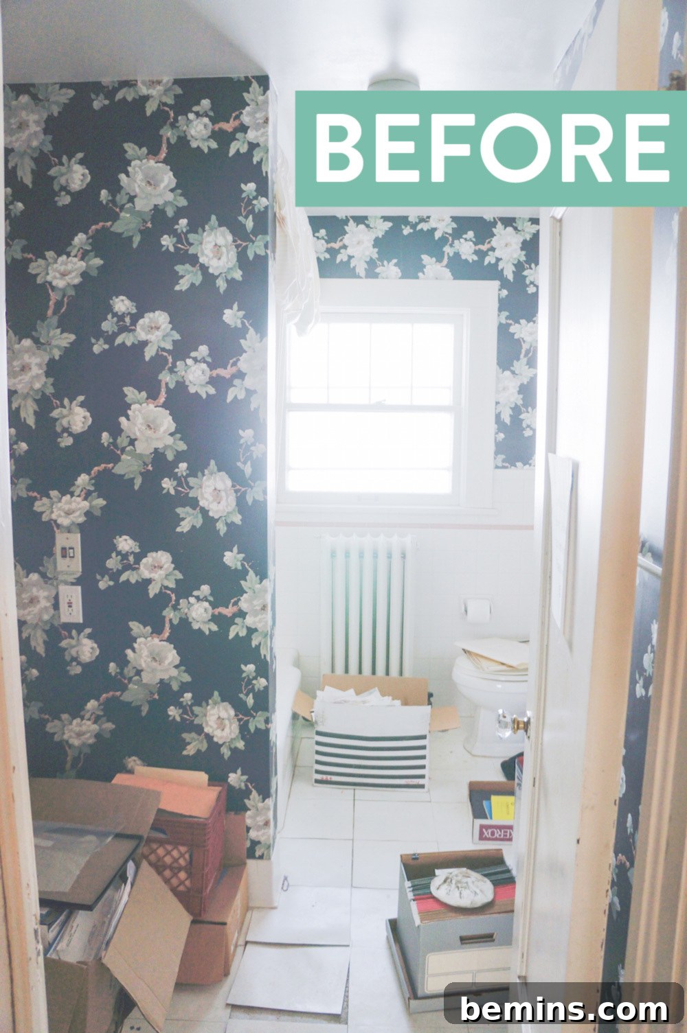 A room with white walls and a 'Before' sign, showcasing the initial state of the bathroom.