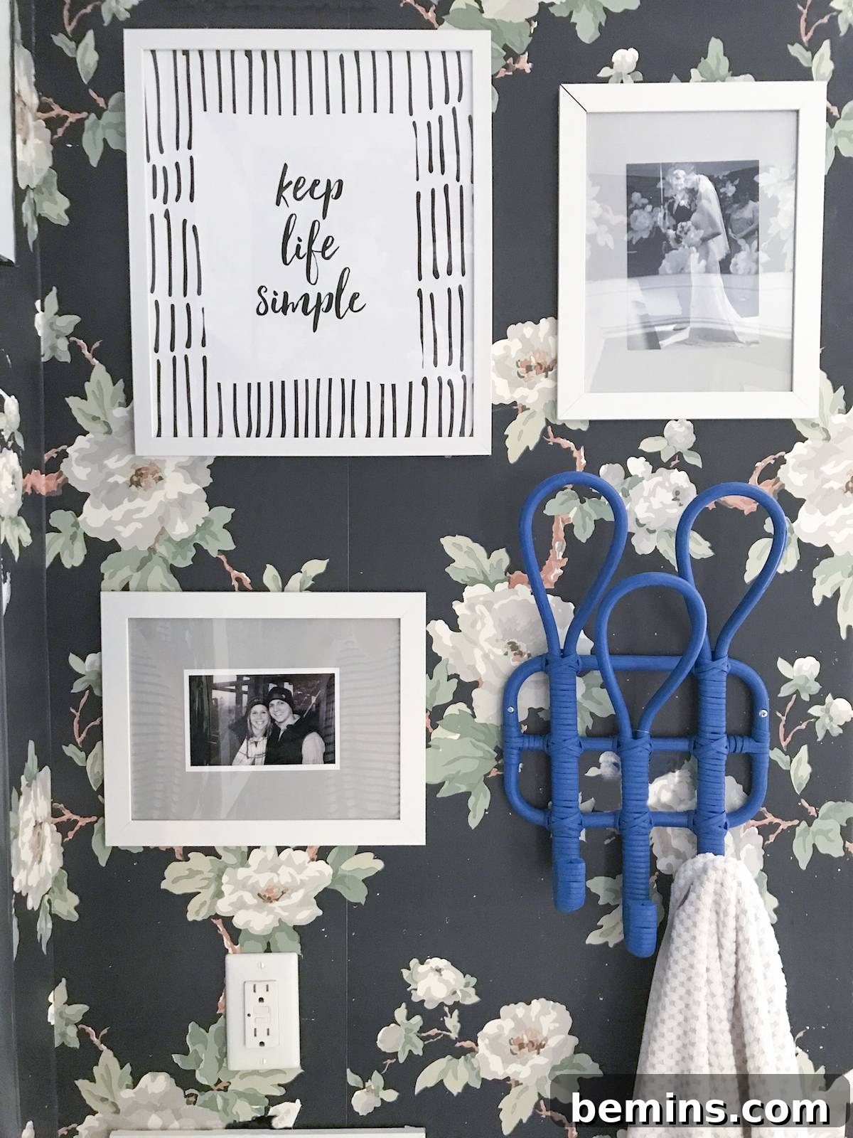 Blue faux hooks from Ikea adding a playful touch to the bathroom.