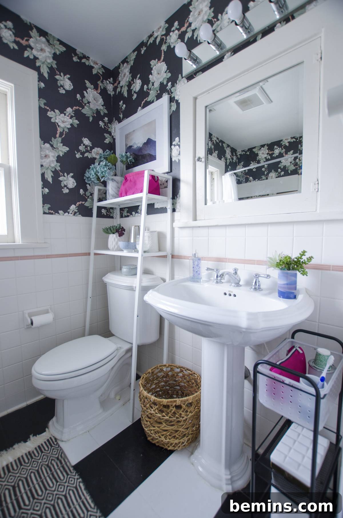 A discontinued Ikea shelving unit used for over-the-toilet storage.