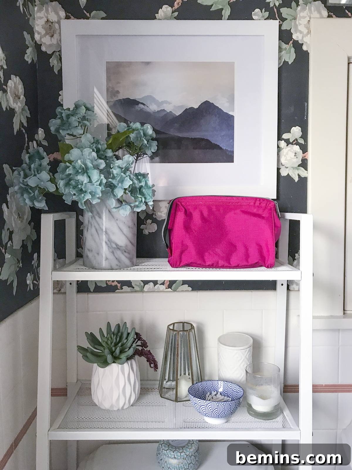 A shelf used for styling and guest storage.
