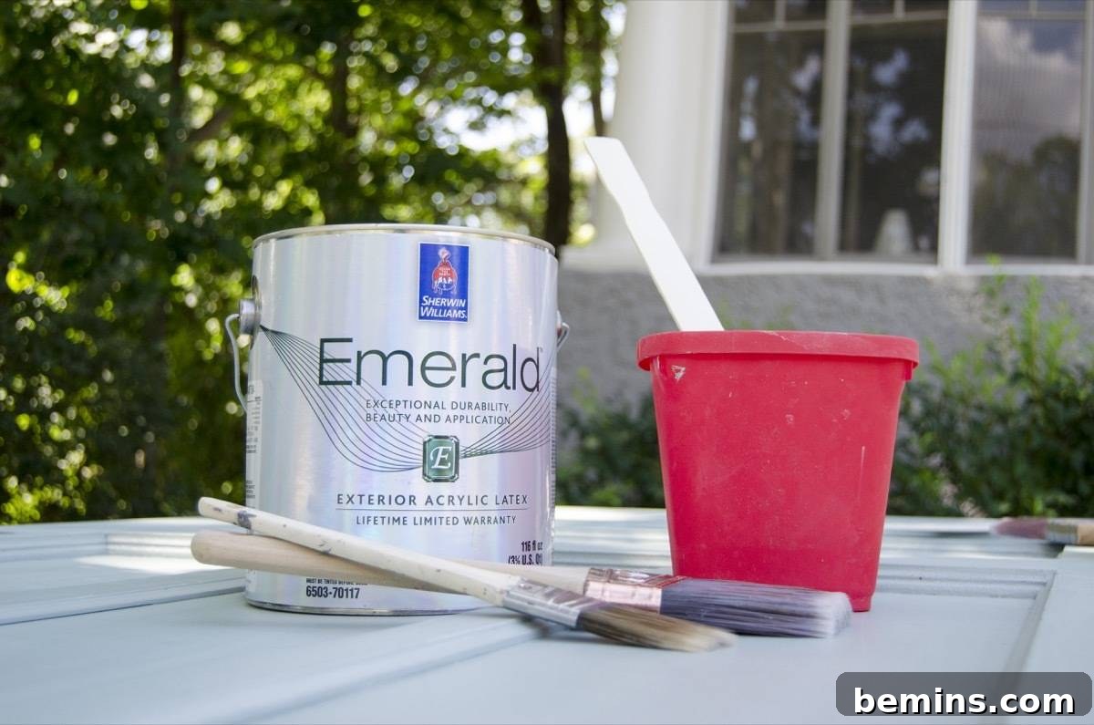A can of latex paint accompanied by paintbrushes and a small red plastic bucket, ready for the door painting project.
