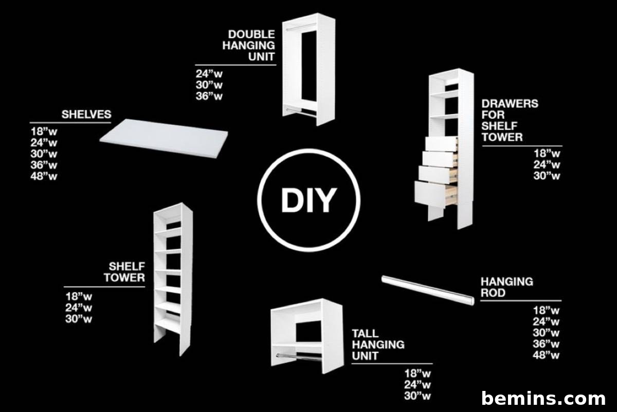 Diagrams show the measurements of shelving units.