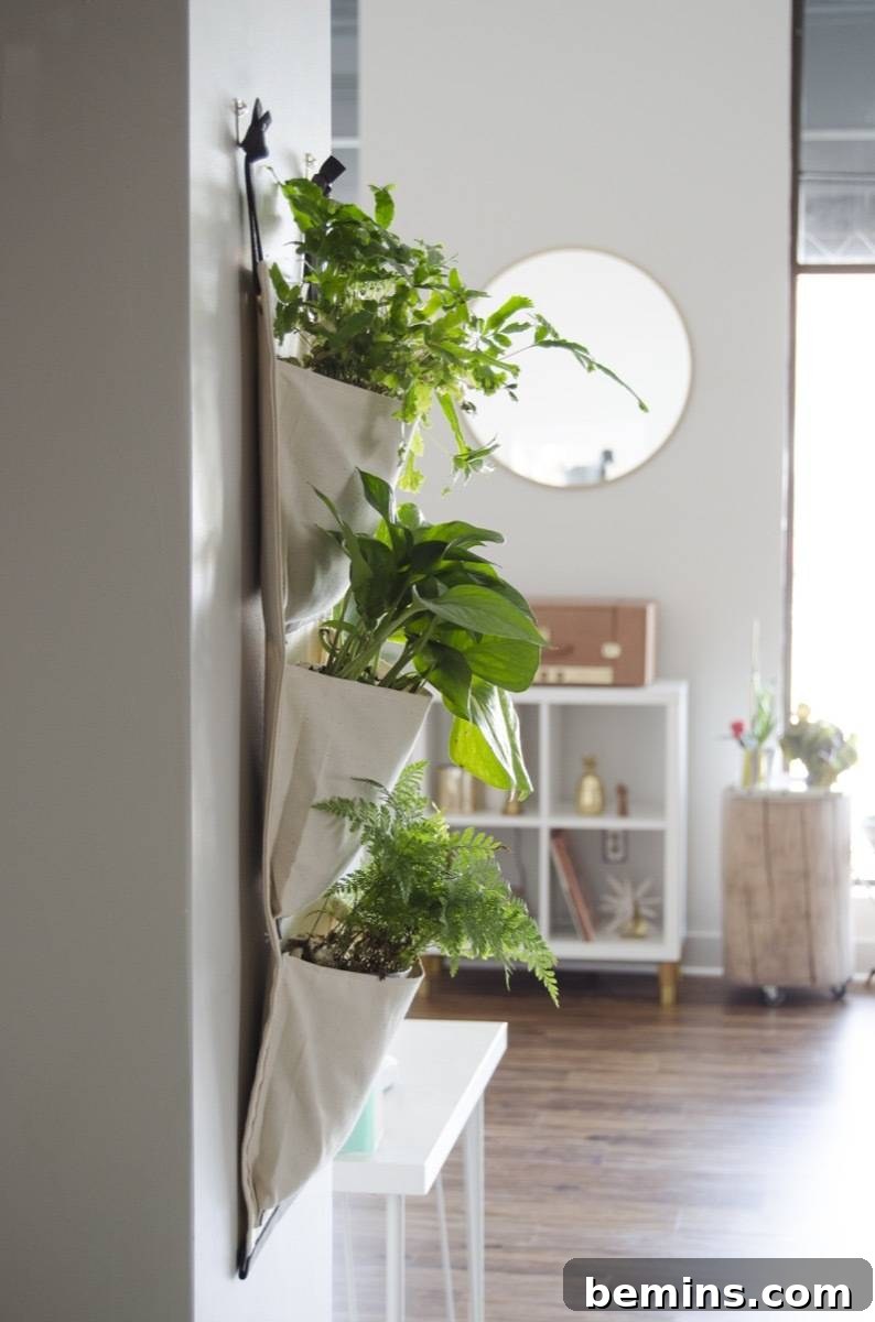 Close-up view of the handmade fabric planter with thriving green plants