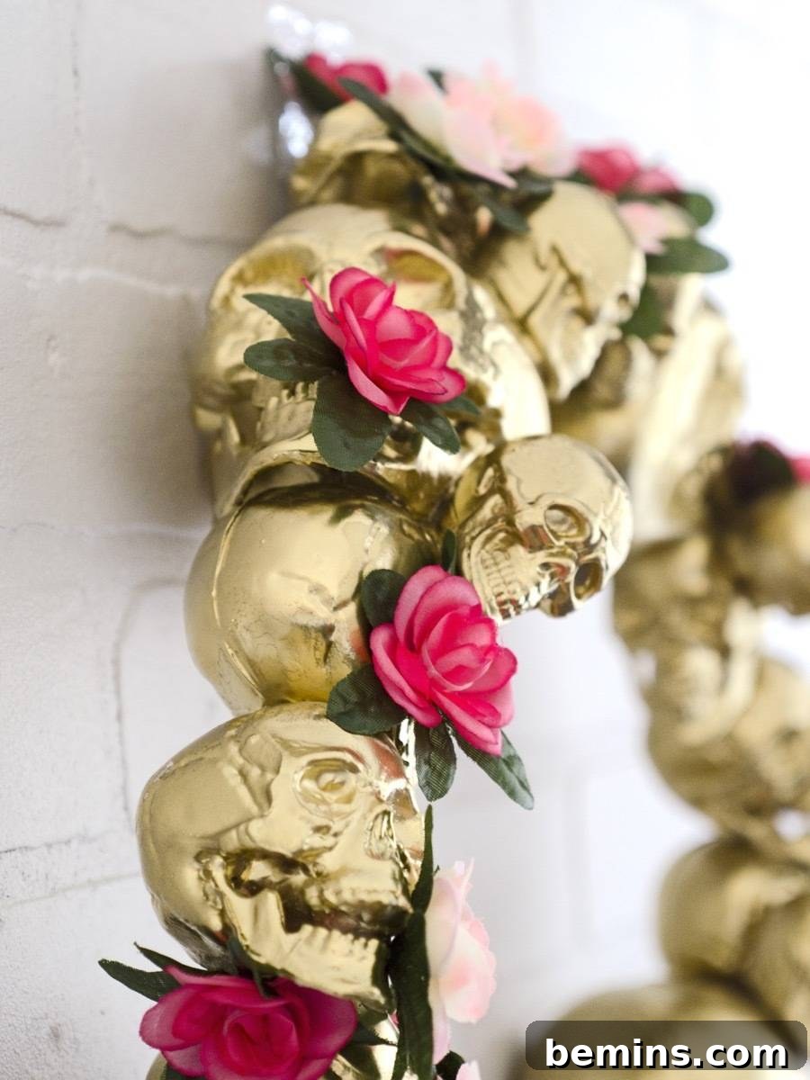 Go glam for Halloween with this gold skull wreath