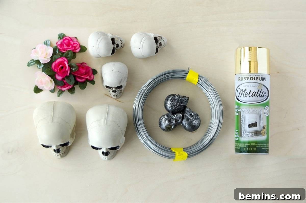 Materials for a glam skull Halloween wreath
