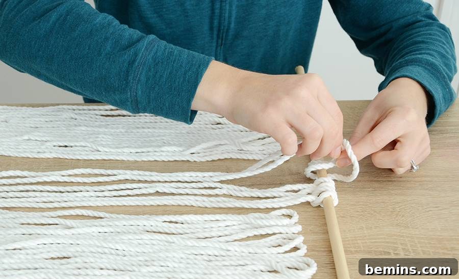 Attaching Rope Loops to Dowel Rod for Wall Art