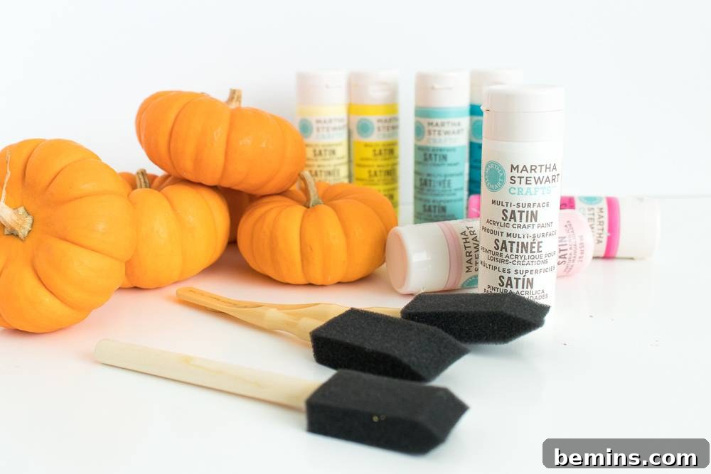 Fall's Easiest Decor Ombre Mini Pumpkins 3 A selection of craft supplies including small pumpkins, various acrylic paint tubes, and sponge brushes.