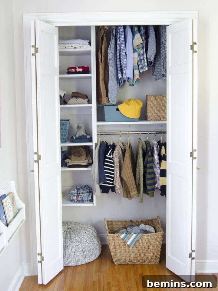 A well-organized closet filled with clothing and accessories, demonstrating efficient storage solutions.