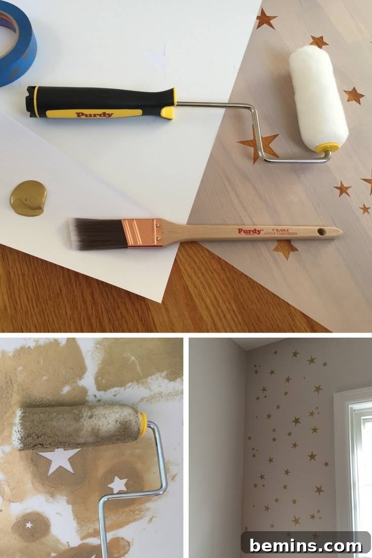 Close-up of a wall being stenciled with a star pattern using a roller.