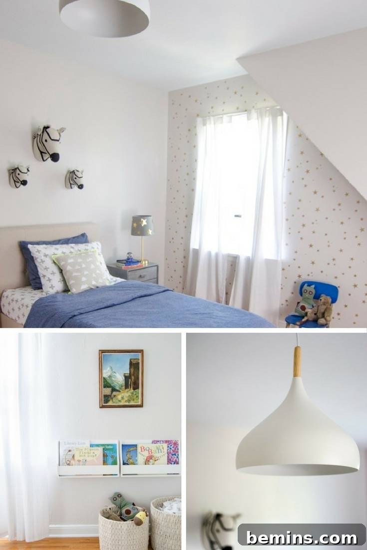 Close-up details of a boy's room decor, including animal head wall art and books.