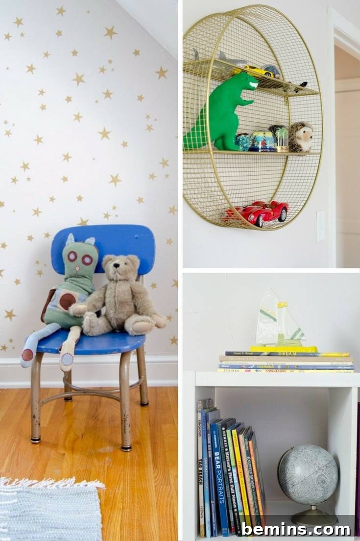 Another view of the boy's room details, showing a nightstand, lamp, and framed artwork.