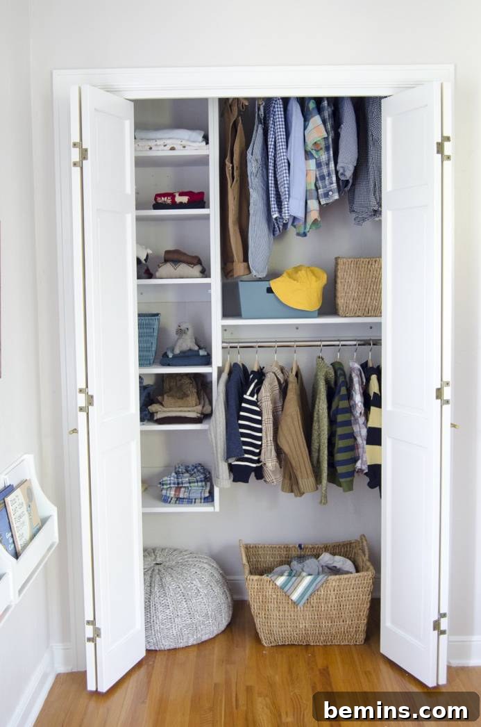 Neatly organized closet with clothes and storage baskets, demonstrating efficiency.