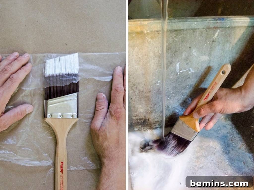 Close-up of paint brushes being cleaned under running water and stored neatly.
