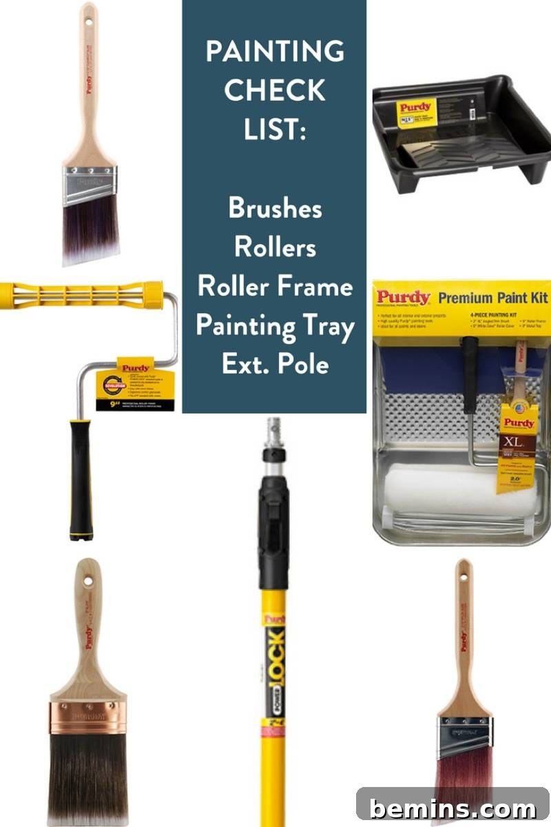 Arrangement of various Purdy painting tools for a checklist photo.
