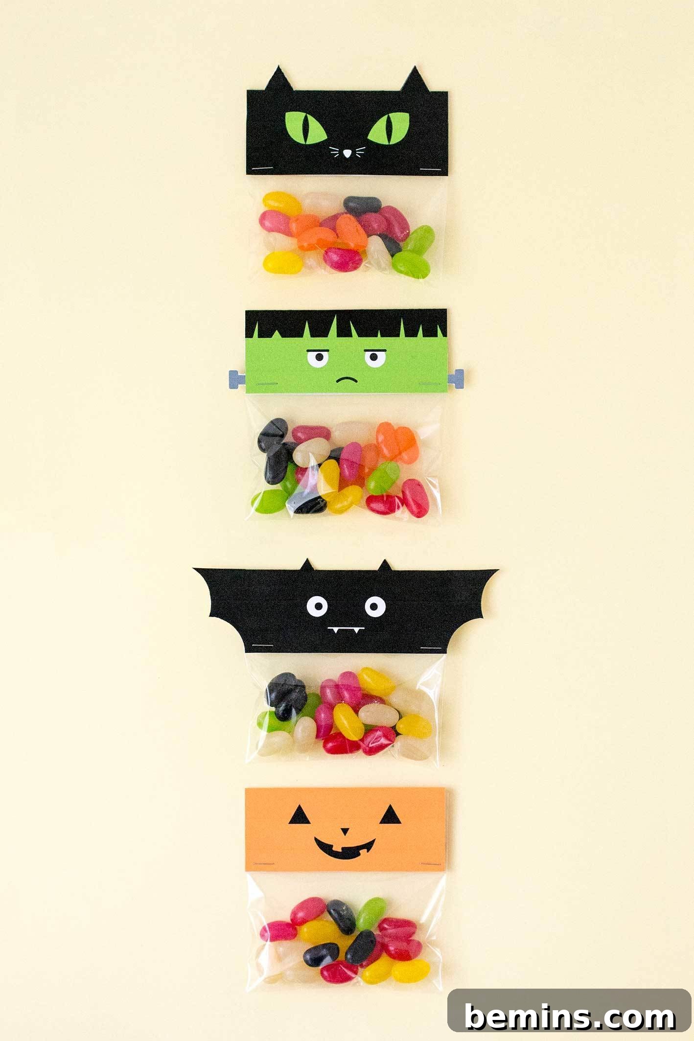 Finished Halloween treat bag with candy and topper