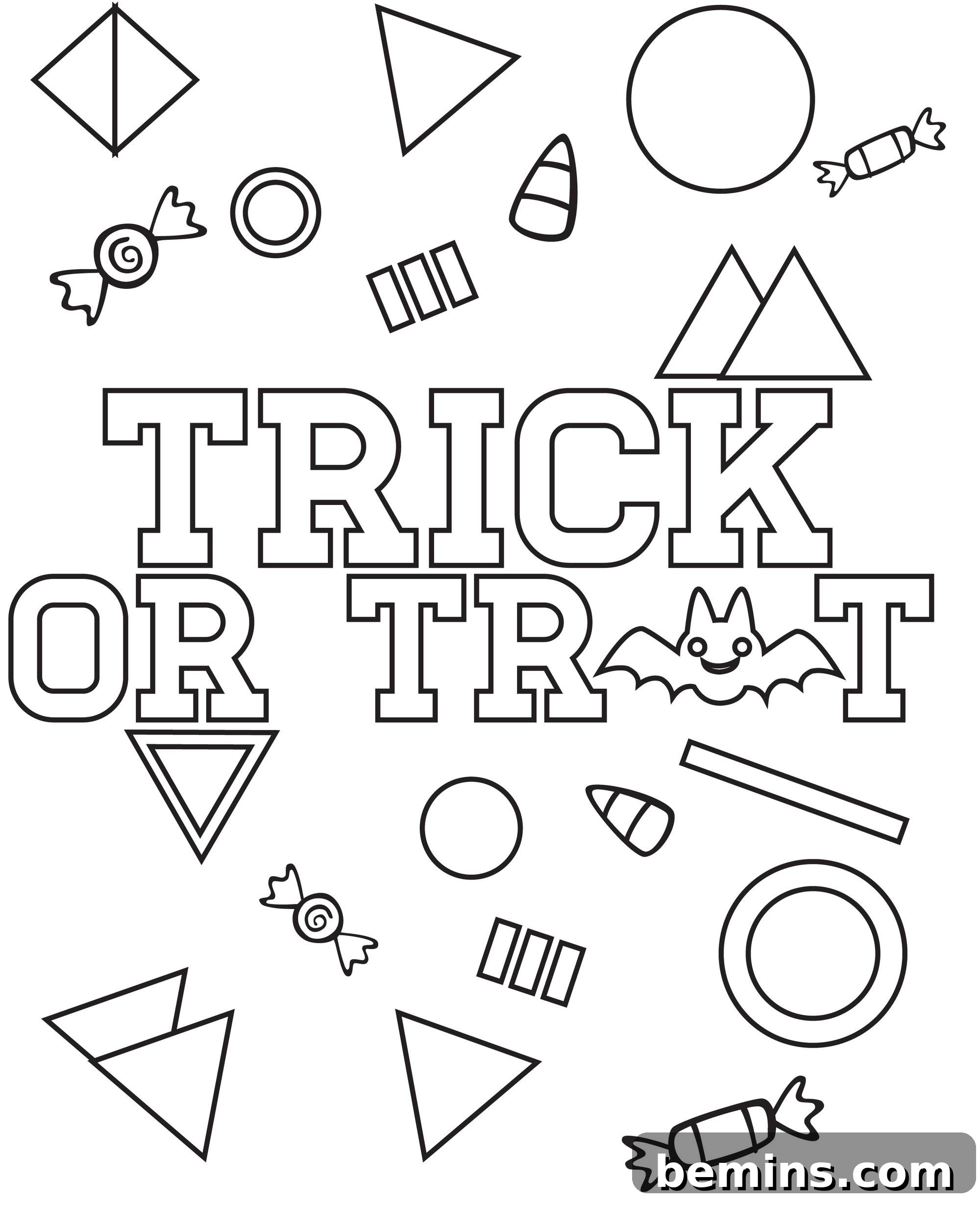 A printable Halloween coloring page featuring the words 'Trick or Treat' with playful designs