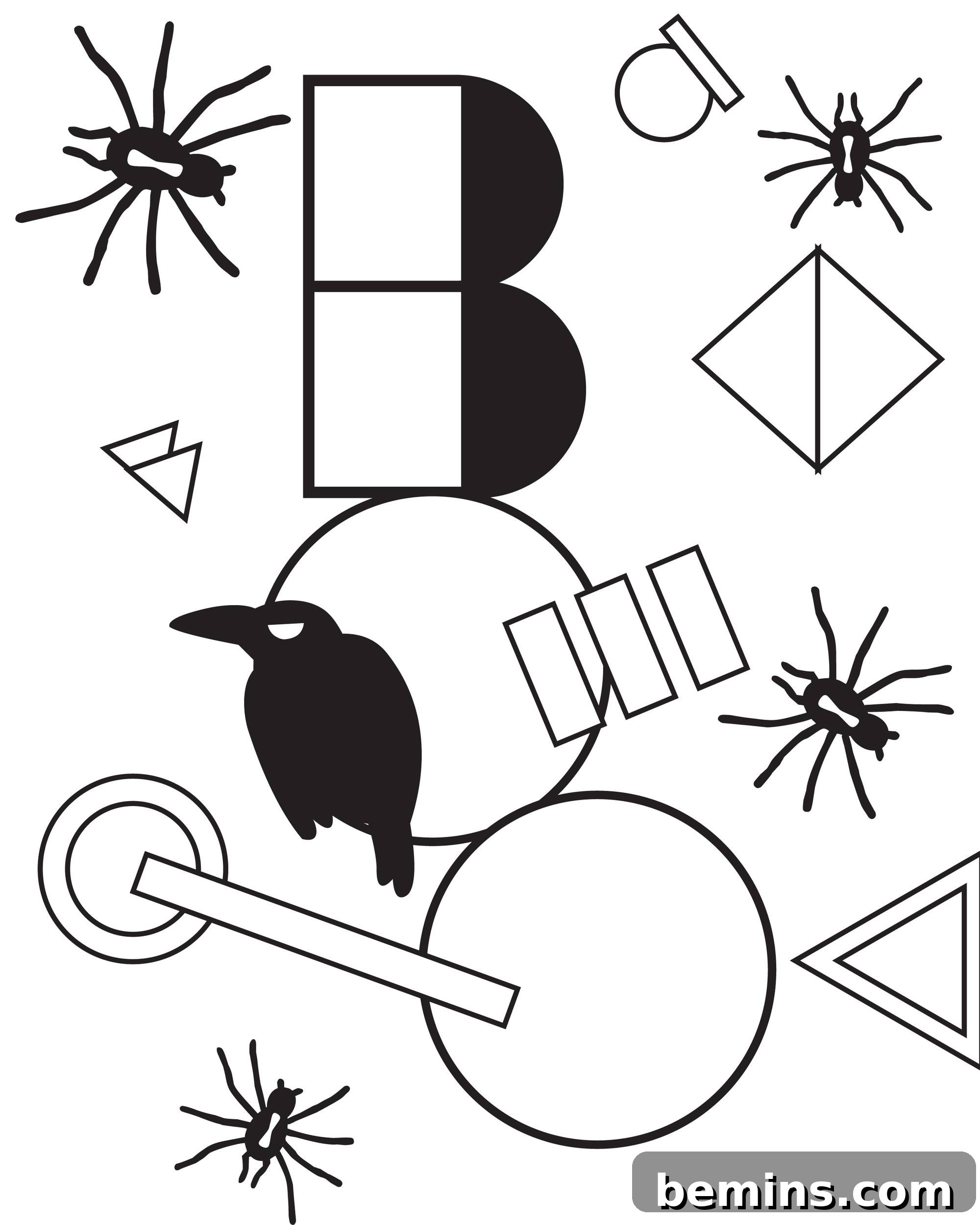 Free printable Halloween coloring page with the word 'Boo' surrounded by spooky elements like crows and spiders