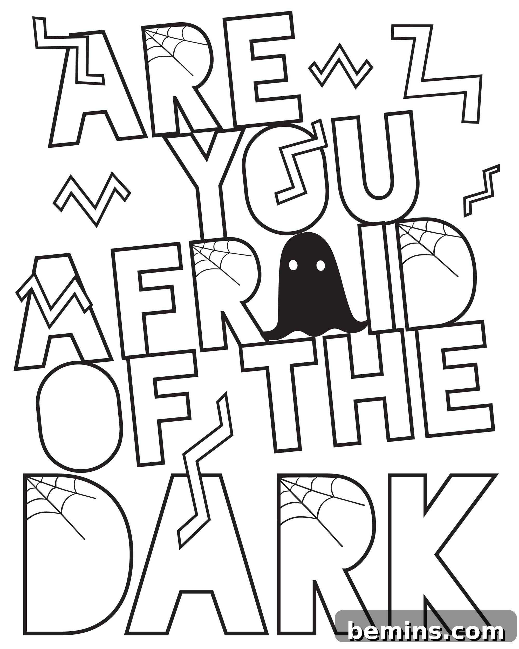 Halloween coloring sheet with the text 'Are You Afraid of the Dark' in a spooky font