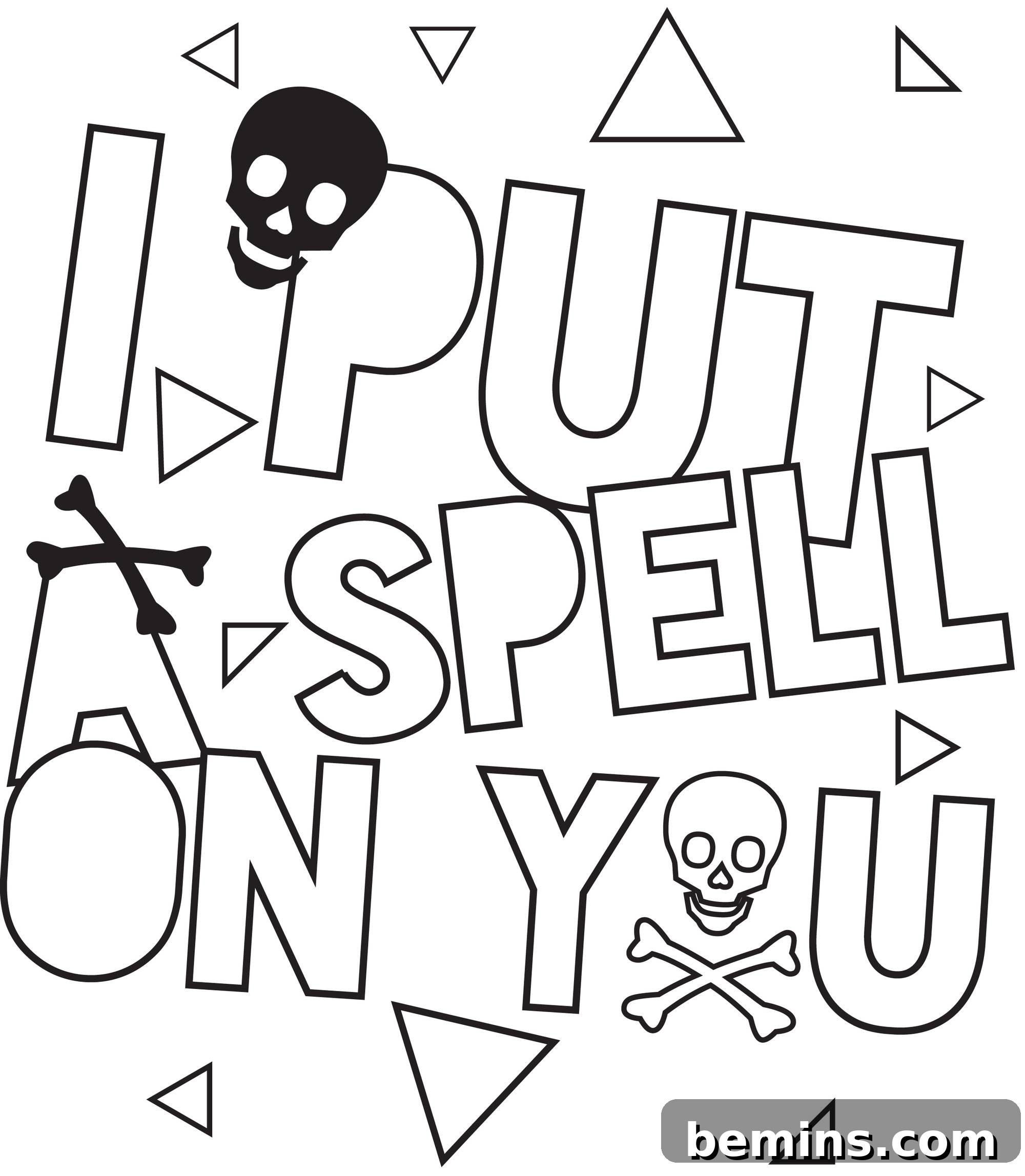 Printable Halloween coloring page featuring the phrase 'I Put a Spell on You' in block letters