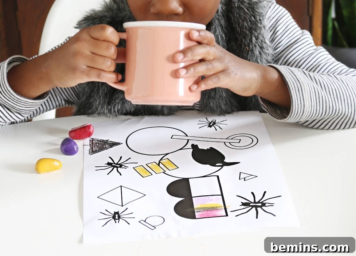 A young girl enjoying a mug of cocoa while coloring a Halloween picture, depicting a cozy and creative moment