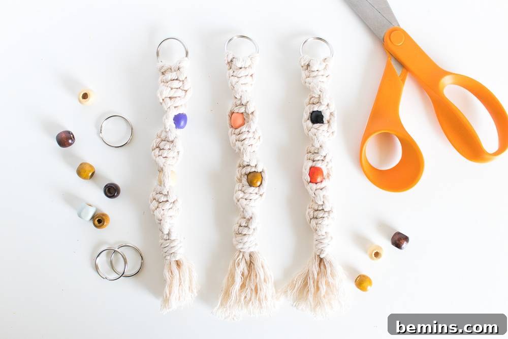 Unleash Your Creativity: Effortless Twisted Macrame Keychain Projects 11 Finished twisted macrame keychains with scissors