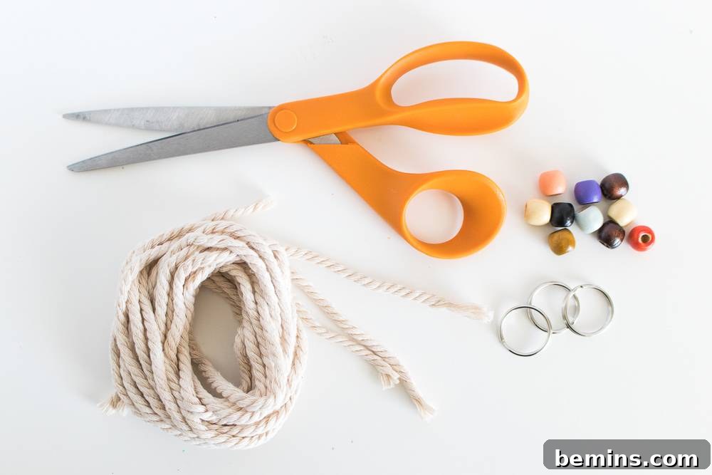 Unleash Your Creativity: Effortless Twisted Macrame Keychain Projects 3 Materials needed for macrame keychain: scissors, cord, rings, beads