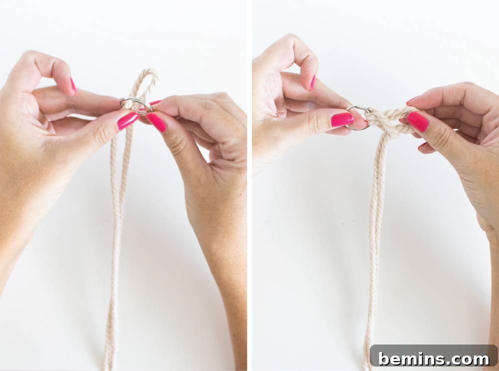 Unleash Your Creativity: Effortless Twisted Macrame Keychain Projects 4 Threading cord through keychain ring and tying a knot