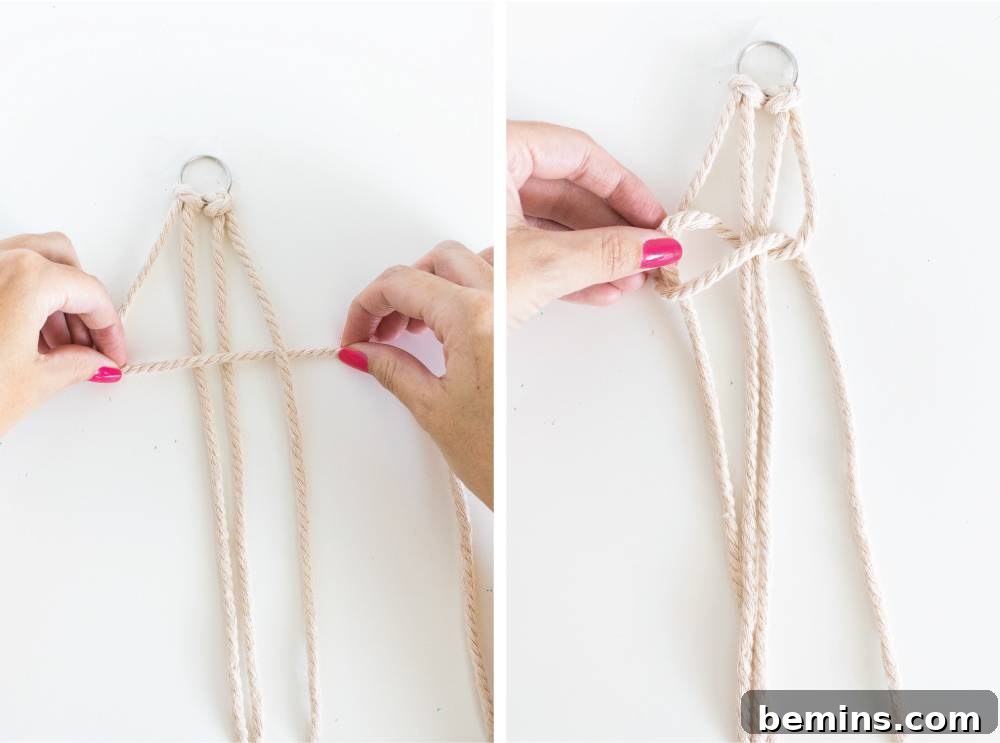 Unleash Your Creativity: Effortless Twisted Macrame Keychain Projects 6 Making the left square knot