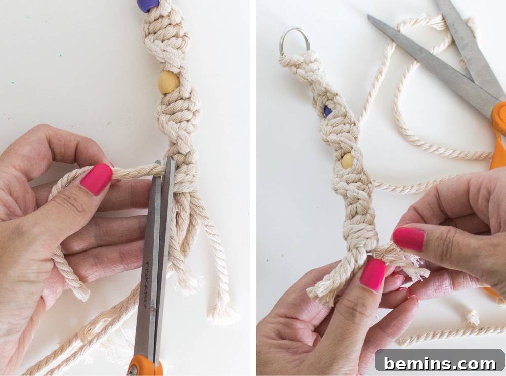 Unleash Your Creativity: Effortless Twisted Macrame Keychain Projects 10 Trimming the fringe of the macrame keychain