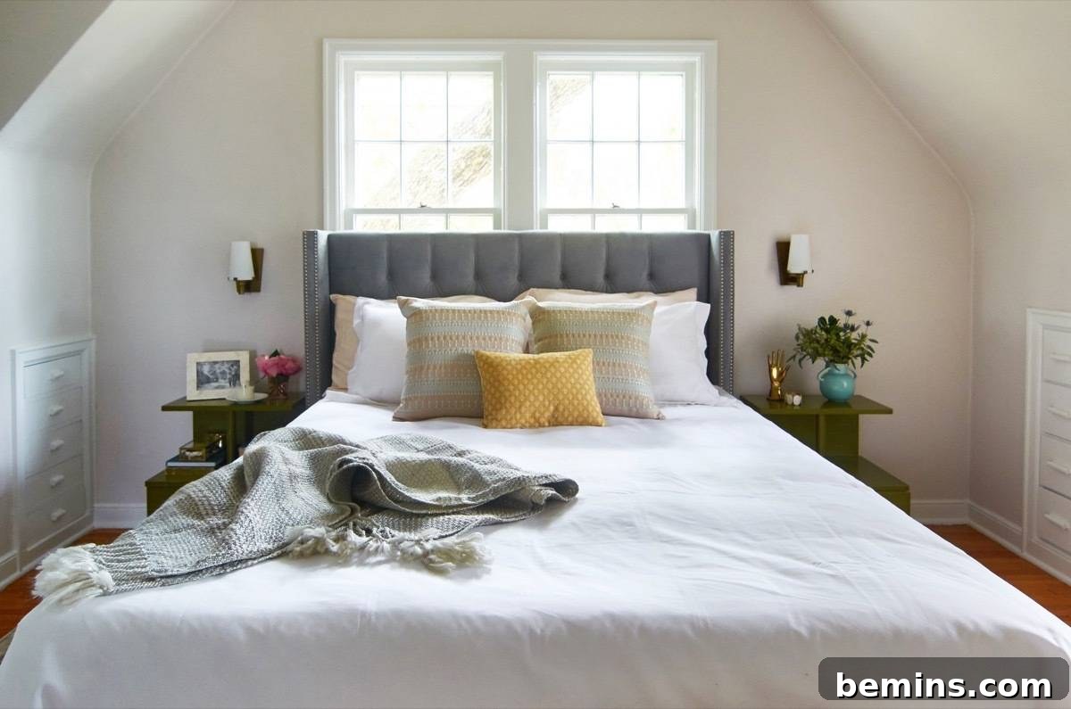 Curbly House Master Bedroom - Upholstered Headboard and Vintage Tables