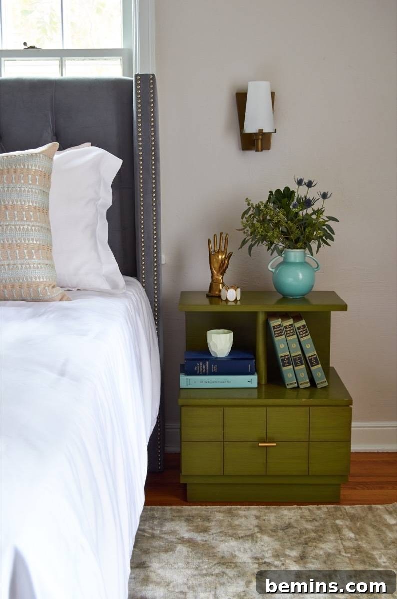 Green Vintage Bedside Table with Wall Sconce