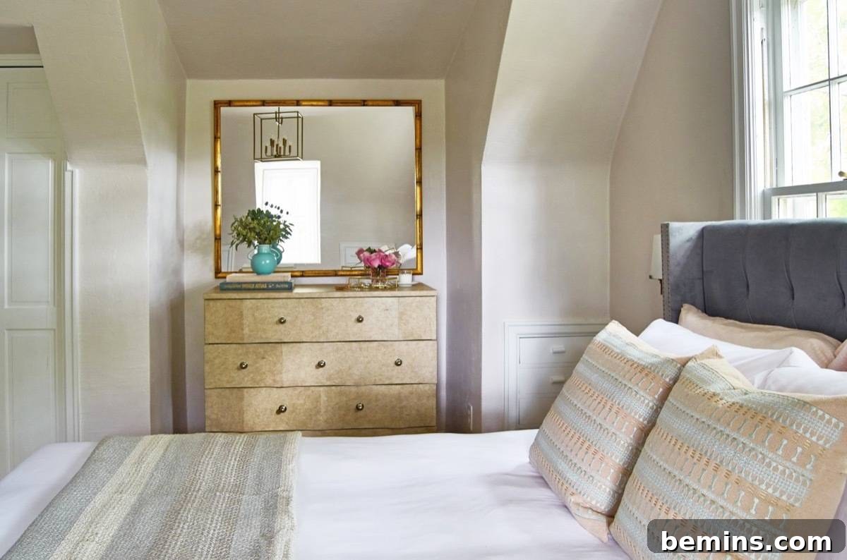 Huge Gold Trim Mirror Above Bedroom Dresser, Marble Front Drawers