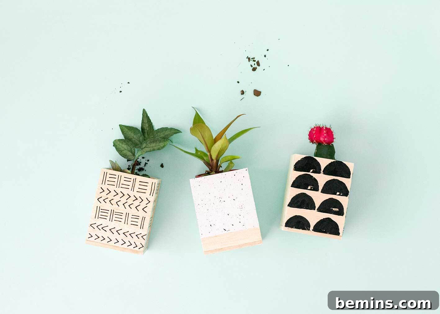 Variety of decorated balsa wood planters