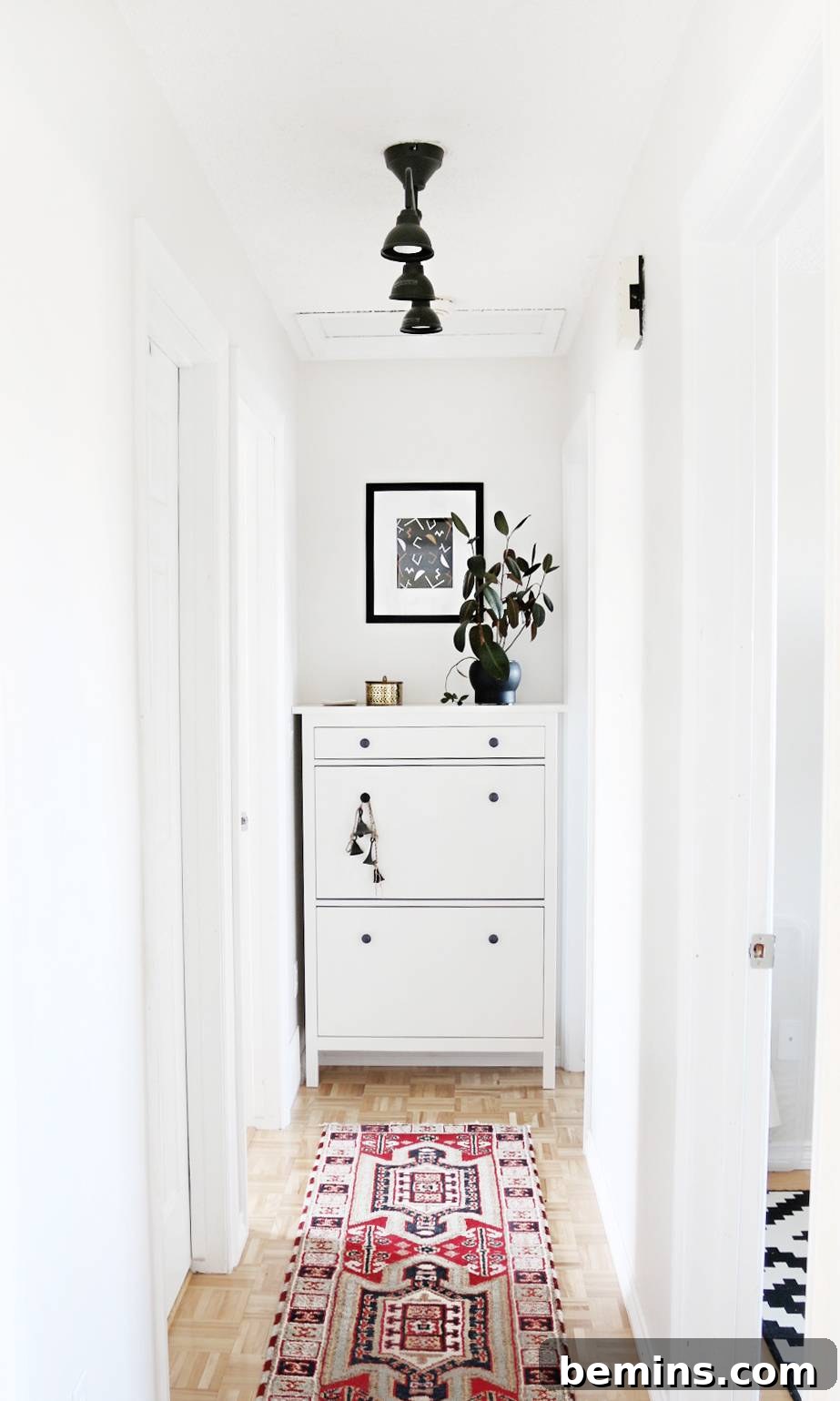 A rug on the hallway with white walls. A vibrant rug adds a pop of color to the hallway's white walls and creates a warm and inviting space.